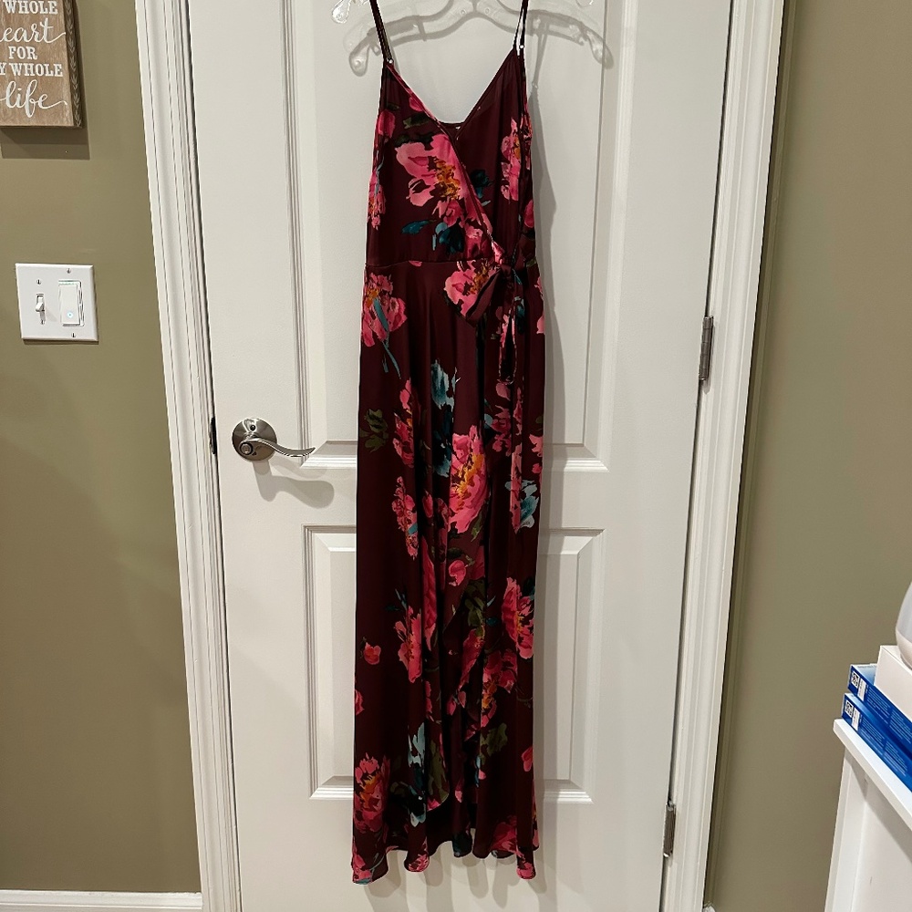Maroon floral satin  maxi dress XS